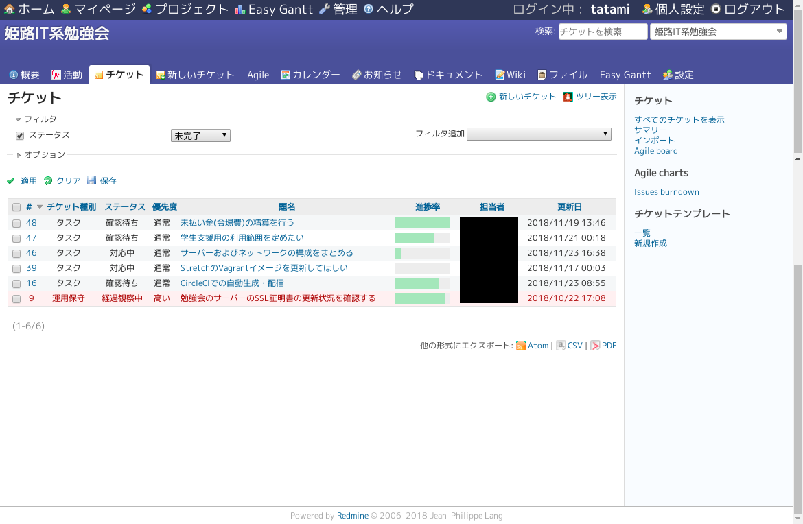 チケットの一覧例